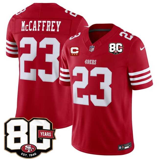 Mens San Francisco 49ers #23 Christian McCaffrey Red 2026 F.U.S.E. With 80th Anniversary & 3-Star C Patch Vapor Untouchable Limited Stitched Jersey