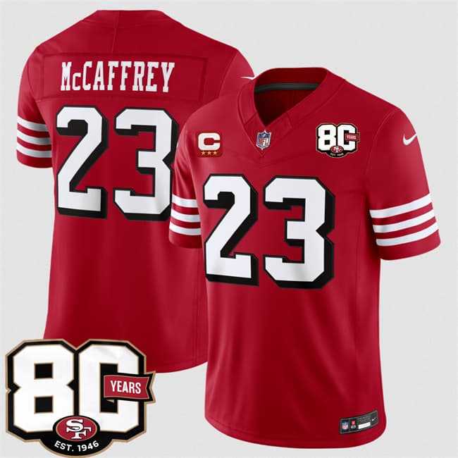 Mens San Francisco 49ers #23 Christian McCaffrey New Red 2026 F.U.S.E. With 80th Anniversary & 3-Star C Patch Vapor Untouchable Limited Stitched Jersey