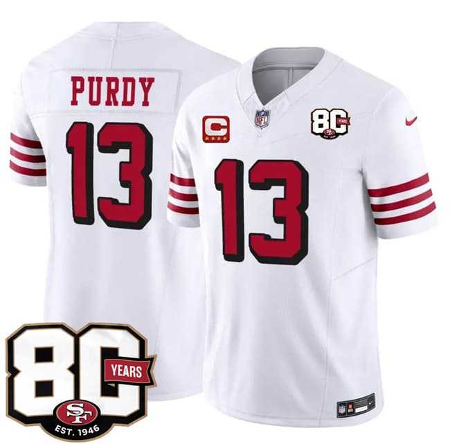 Mens San Francisco 49ers #13 Brock Purdy New White 2026 F.U.S.E. With 80th Anniversary & 4-Star C Patch Vapor Untouchable Limited Stitched Jersey