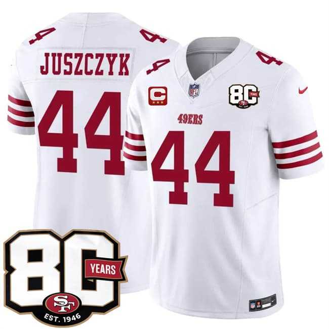 Mens San Francisco 49ers #44 Kyle Juszczyk White 2026 F.U.S.E. With 80th Anniversary & 3-Star C Patch Vapor Untouchable Limited Stitched Jersey