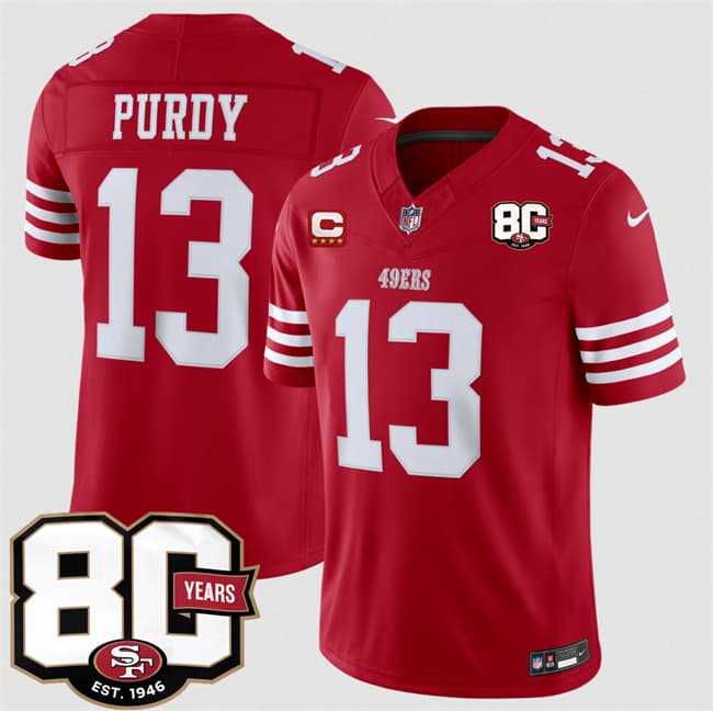 Mens San Francisco 49ers #13 Brock Purdy Red 2026 F.U.S.E. With 80th Anniversary & 4-Star C Patch Vapor Untouchable Limited Stitched Jersey