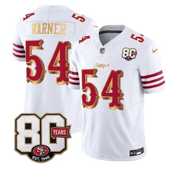 Mens San Francisco 49ers #54 Fred Warner White Gold 80th Anniversary Patch Rivalries 2026 F.U.S.E. Vapor Untouchable Limited Stitched Jersey