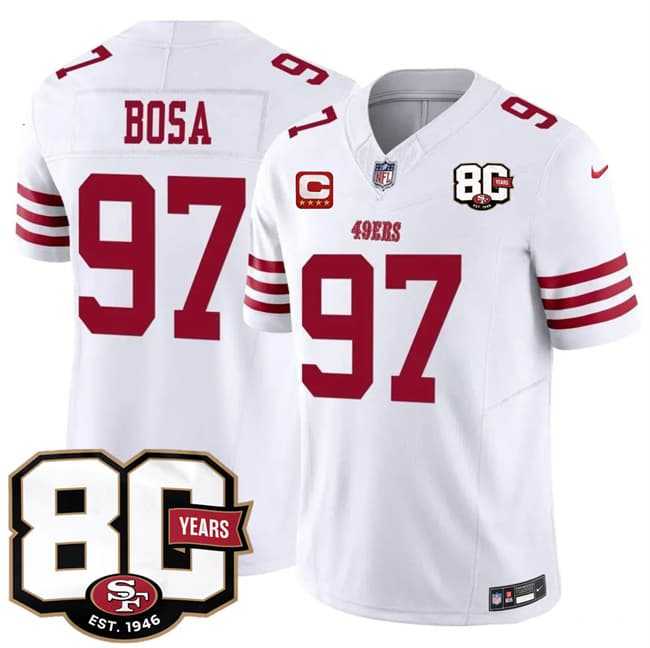 Mens San Francisco 49ers #97 Nick Bosa White 2026 F.U.S.E. With 80th Anniversary & 4-Star C Patch Vapor Untouchable Limited Stitched Jersey