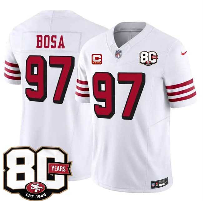Mens San Francisco 49ers #97 Nick Bosa New White 2026 F.U.S.E. With 80th Anniversary & 4-Star C Patch Vapor Untouchable Limited Stitched Jersey