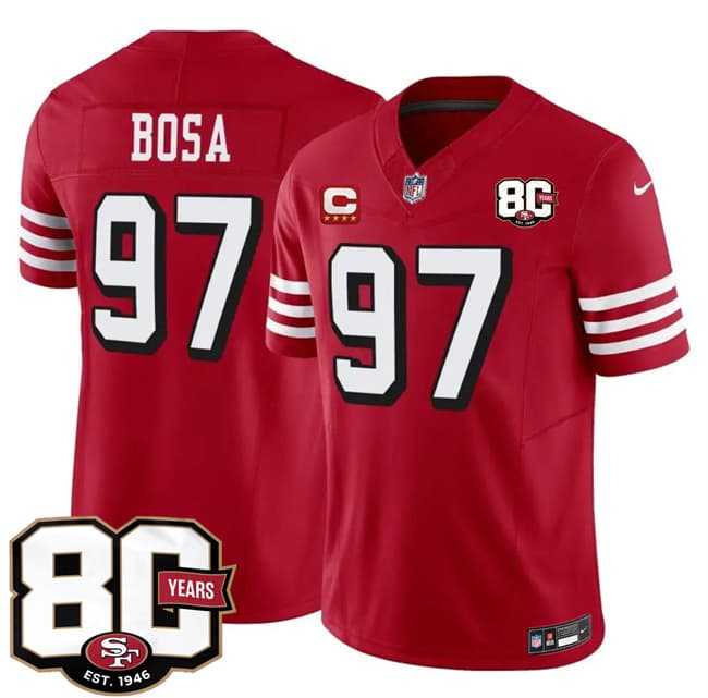 Mens San Francisco 49ers #97 Nick Bosa New Red 2026 F.U.S.E. With 80th Anniversary & 4-Star C Patch Vapor Untouchable Limited Stitched Jersey