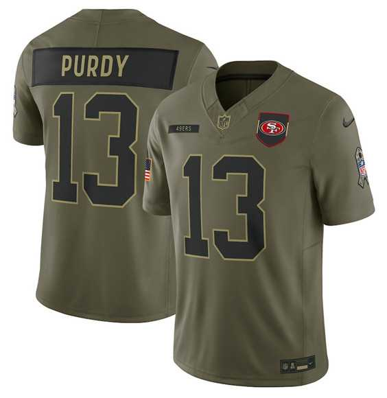Mens San Francisco 49ers #13 Brock Purdy Olive 2025 Salute to Service Limited Stitched Jersey Dyin